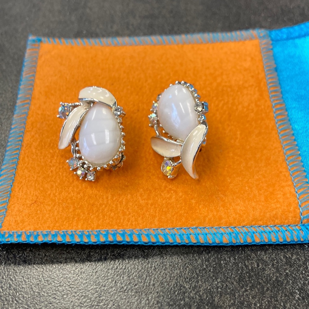Vintage Clip On Earrings. White & Cream In Color With Accent Stones.